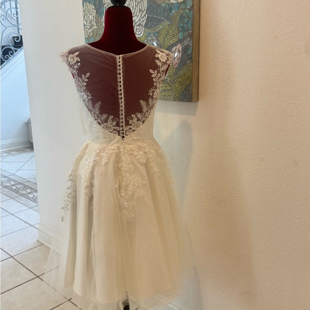 JJ’s House A-line Illusion Tulle Lace Short Wedding Dress with Two Tier 31” Veil - Picture 9 of 16